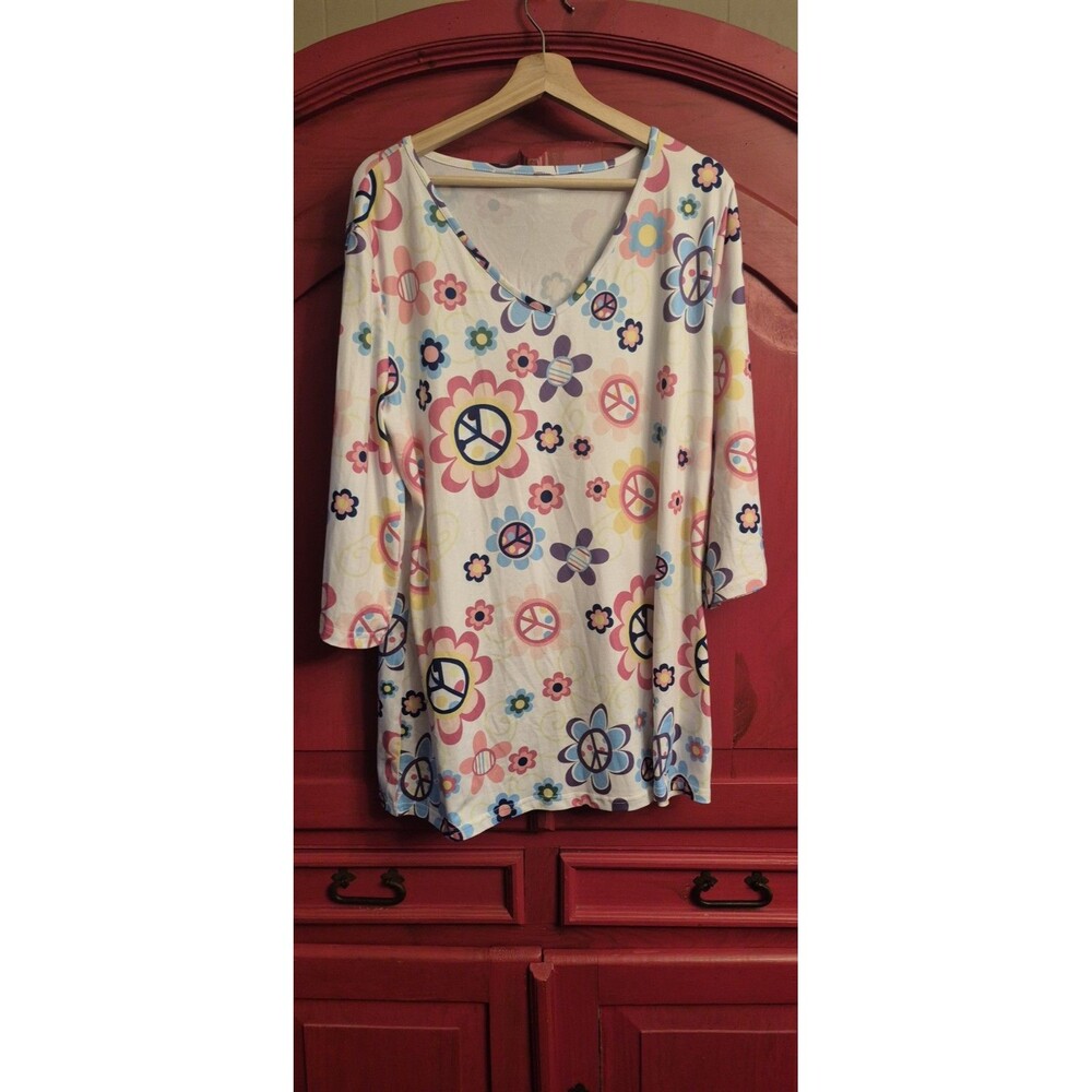 Hippie Boho 1x Tunic Style Shirt Daisy Peace Sign Pink Purple Worn One Time